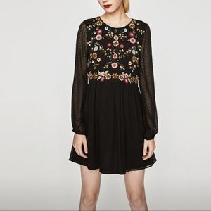 Zara Embroidered Detail Mesh Sleeve Smock Dress